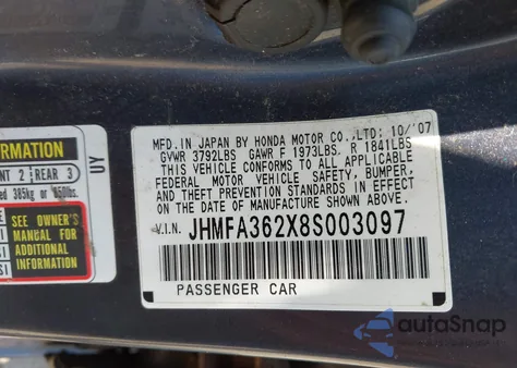2008 Honda Civic Hybrid from USA, damaged, VIN JHMFA362X8S003097